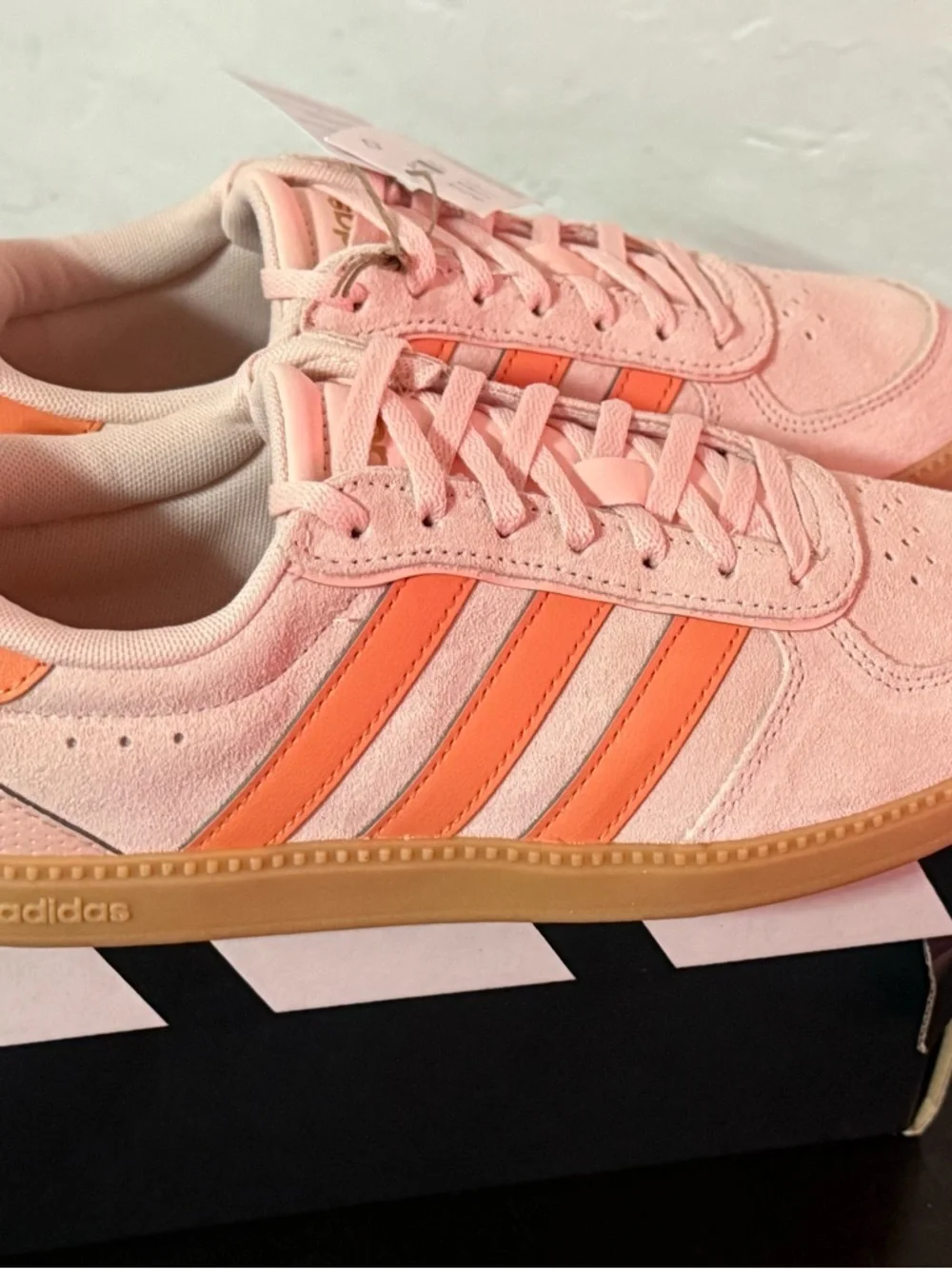 adidas Pink Suede Sneakers with Orange Stripes and Gum Sole